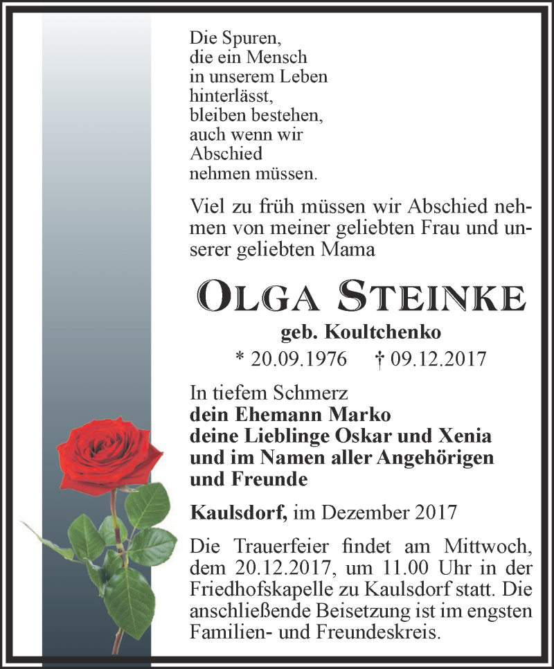  Traueranzeige für Olga Steinke vom 14.12.2017 aus Ostthüringer Zeitung