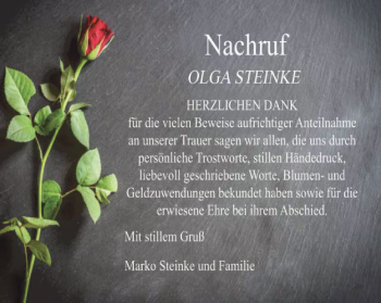 Traueranzeige von Olga Steinke von Ostthüringer Zeitung