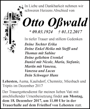 Traueranzeige von Otto Oßwald von Ostthüringer Zeitung