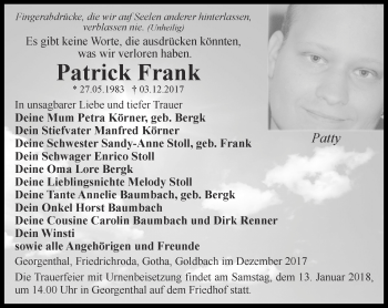 Traueranzeige von Patrick Frank von Ostthüringer Zeitung, Thüringische Landeszeitung