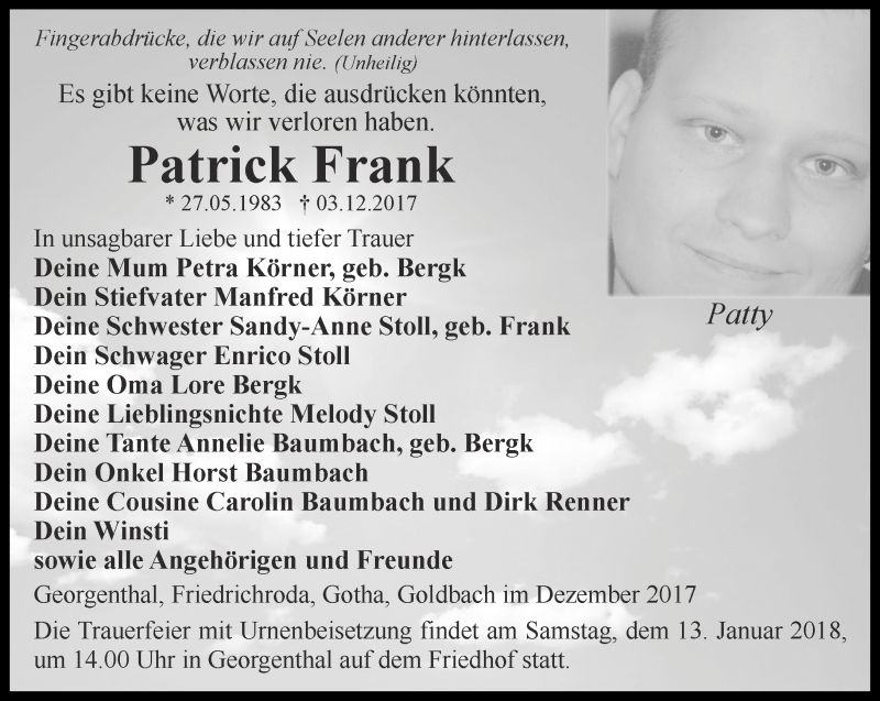  Traueranzeige für Patrick Frank vom 16.12.2017 aus Ostthüringer Zeitung, Thüringische Landeszeitung
