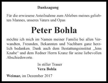 Traueranzeige von Peter Bohla von Thüringer Allgemeine, Thüringische Landeszeitung