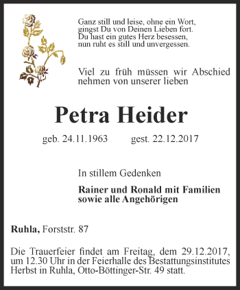 Traueranzeige von Petra Heider von Thüringer Allgemeine, Thüringische Landeszeitung