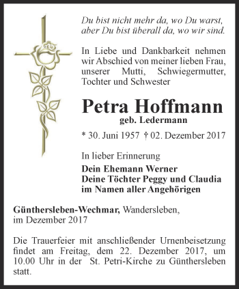 Traueranzeige von Petra Hoffmann von Ostthüringer Zeitung, Thüringische Landeszeitung