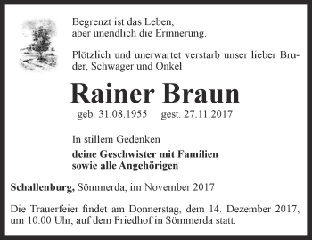 Traueranzeige von Rainer Braun von Thüringer Allgemeine