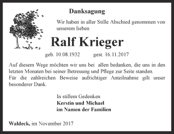 Traueranzeige von Ralf Krieger von Ostthüringer Zeitung, Thüringische Landeszeitung