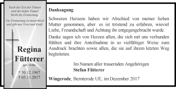 Traueranzeige von Regina Fütterer von Thüringer Allgemeine
