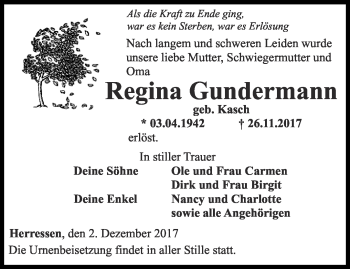 Traueranzeige von Regina Gundermann von Thüringer Allgemeine, Thüringische Landeszeitung