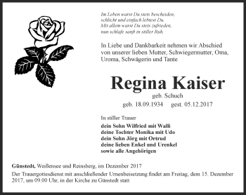 Traueranzeige von Regina Kaiser von Thüringer Allgemeine