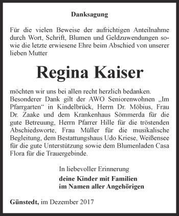 Traueranzeige von Regina Kaiser von Thüringer Allgemeine