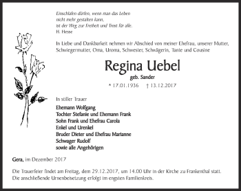 Traueranzeige von Regina Uebel von Ostthüringer Zeitung