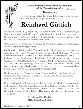 Traueranzeige von Reinhard Güttich von Thüringer Allgemeine