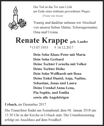 Traueranzeige von Renate Krappe von Thüringer Allgemeine, Thüringische Landeszeitung