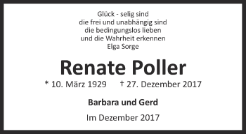 Traueranzeige von Renate Poller von Ostthüringer Zeitung, Thüringische Landeszeitung