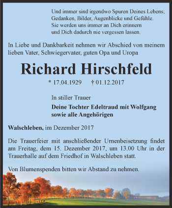 Traueranzeige von Richard Hirschfeld von Thüringer Allgemeine, Thüringische Landeszeitung