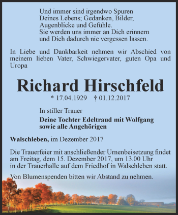 Traueranzeige von Richard Hirschfeld von Thüringer Allgemeine