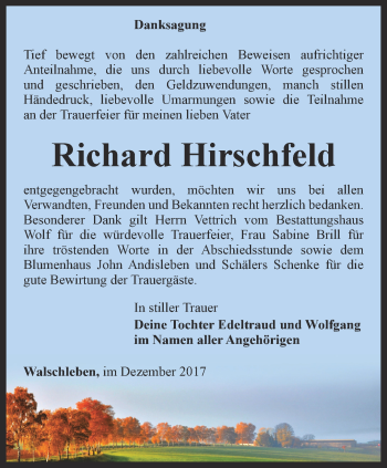 Traueranzeige von Richard Hirschfeld von Thüringer Allgemeine, Thüringische Landeszeitung