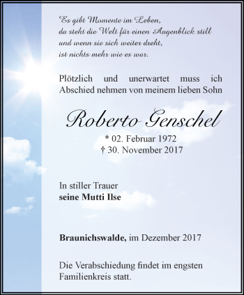Traueranzeige von Roberto Genschel von Ostthüringer Zeitung