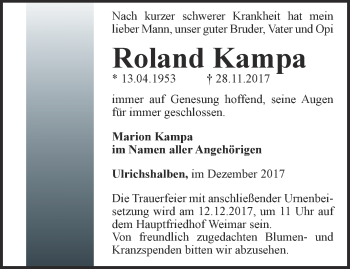 Traueranzeige von Roland Kampa von Thüringer Allgemeine, Thüringische Landeszeitung