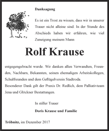 Traueranzeige von Rolf Krause von Ostthüringer Zeitung