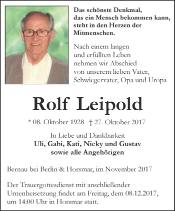 Traueranzeige von Rolf Leipold von Thüringer Allgemeine, Thüringische Landeszeitung