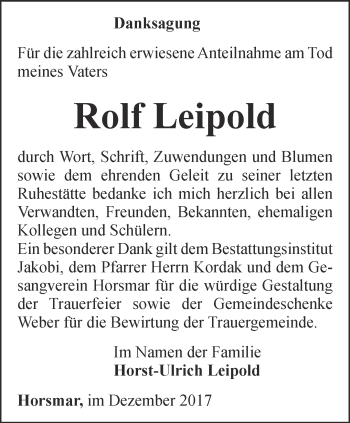 Traueranzeige von Rolf Leipold von Thüringer Allgemeine, Thüringische Landeszeitung