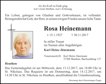 Traueranzeige von Rosa Heinemann von Thüringer Allgemeine