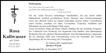 Traueranzeige von Rosa Kaltwasser von Thüringer Allgemeine
