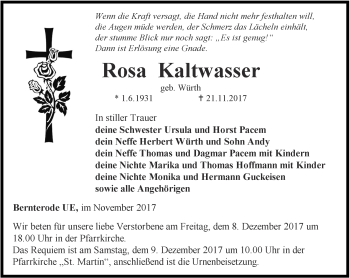 Traueranzeige von Rosa Kaltwasser von Thüringer Allgemeine
