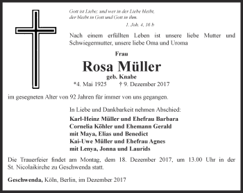 Traueranzeige von Rosa Müller von Thüringer Allgemeine