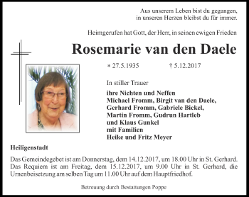 Traueranzeige von Rosemarie van den Daele  von Thüringer Allgemeine