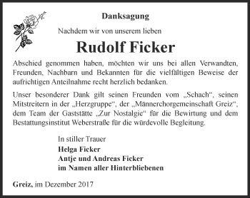Traueranzeige von Rudolf Ficker von Ostthüringer Zeitung