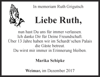 Traueranzeige von Ruth Grigutsch von Thüringer Allgemeine, Thüringische Landeszeitung