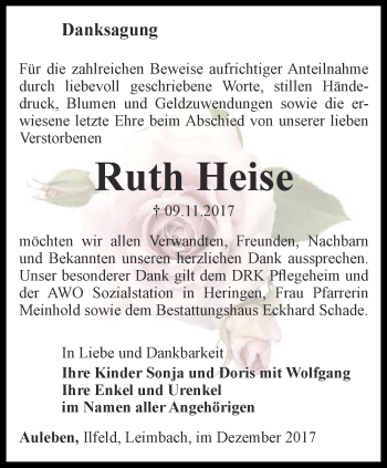 Traueranzeige von Ruth Heise von Thüringer Allgemeine