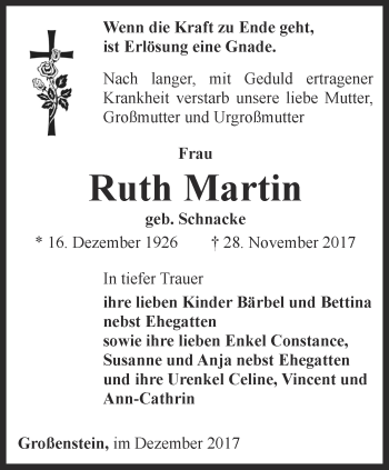 Traueranzeige von Ruth Martin von Ostthüringer Zeitung