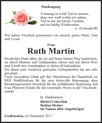 Traueranzeige von Ruth Martin von Ostthüringer Zeitung