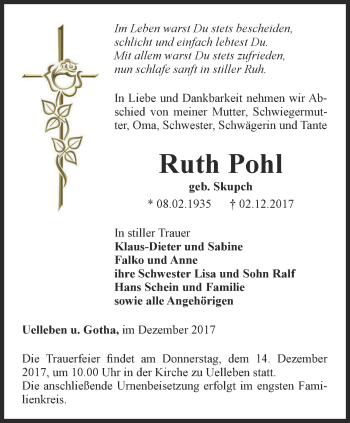 Traueranzeige von Ruth Pohl von Ostthüringer Zeitung, Thüringische Landeszeitung