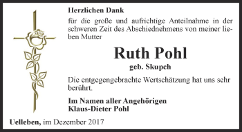 Traueranzeige von Ruth Pohl von Ostthüringer Zeitung, Thüringische Landeszeitung