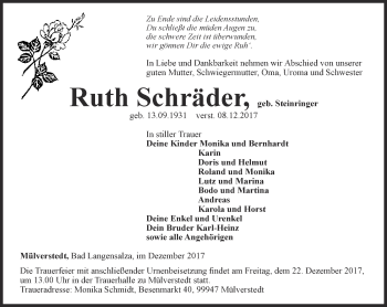 Traueranzeige von Ruth Schräder von Thüringer Allgemeine, Thüringische Landeszeitung