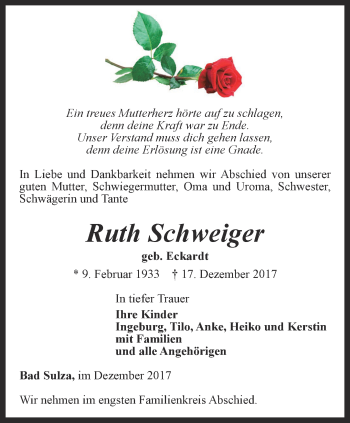 Traueranzeige von Ruth Schweiger von Thüringer Allgemeine, Thüringische Landeszeitung