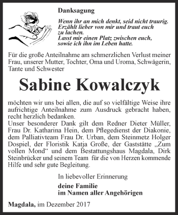 Traueranzeige von Sabine Kowalzyk von Thüringer Allgemeine, Thüringische Landeszeitung