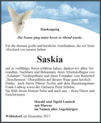 Traueranzeige von Saskia Lautsch von Ostthüringer Zeitung