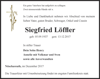 Traueranzeige von Siegfried Löffler von Ostthüringer Zeitung