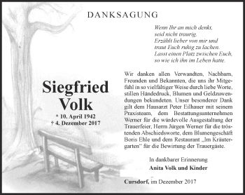 Traueranzeige von Siegfried Volk von Ostthüringer Zeitung