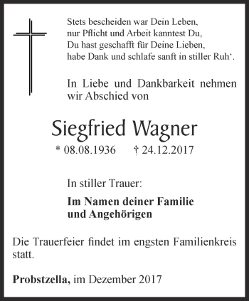 Traueranzeige von Siegfried Wagner von Ostthüringer Zeitung