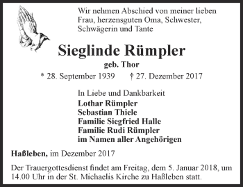 Traueranzeige von Sieglinde Rümpler von Thüringer Allgemeine, Thüringische Landeszeitung