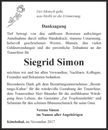 Traueranzeige von Siegrid Simon von Thüringer Allgemeine, Thüringische Landeszeitung