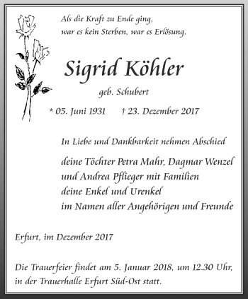 Traueranzeige von Sigrid Köhler von Thüringer Allgemeine, Thüringische Landeszeitung