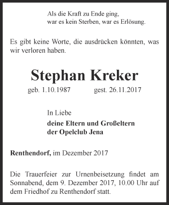 Traueranzeige von Stephan Kreker von Ostthüringer Zeitung