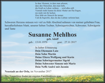 Traueranzeige von Susanne Mehlhos von Ostthüringer Zeitung